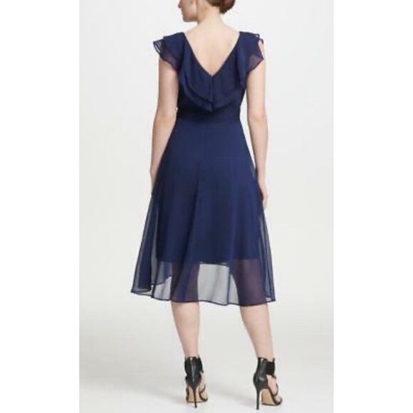 DKNY Dress Navy Blue 6 Short Sleeve W Belt Flowy Career Church Wedding Date - Picture 3 of 10